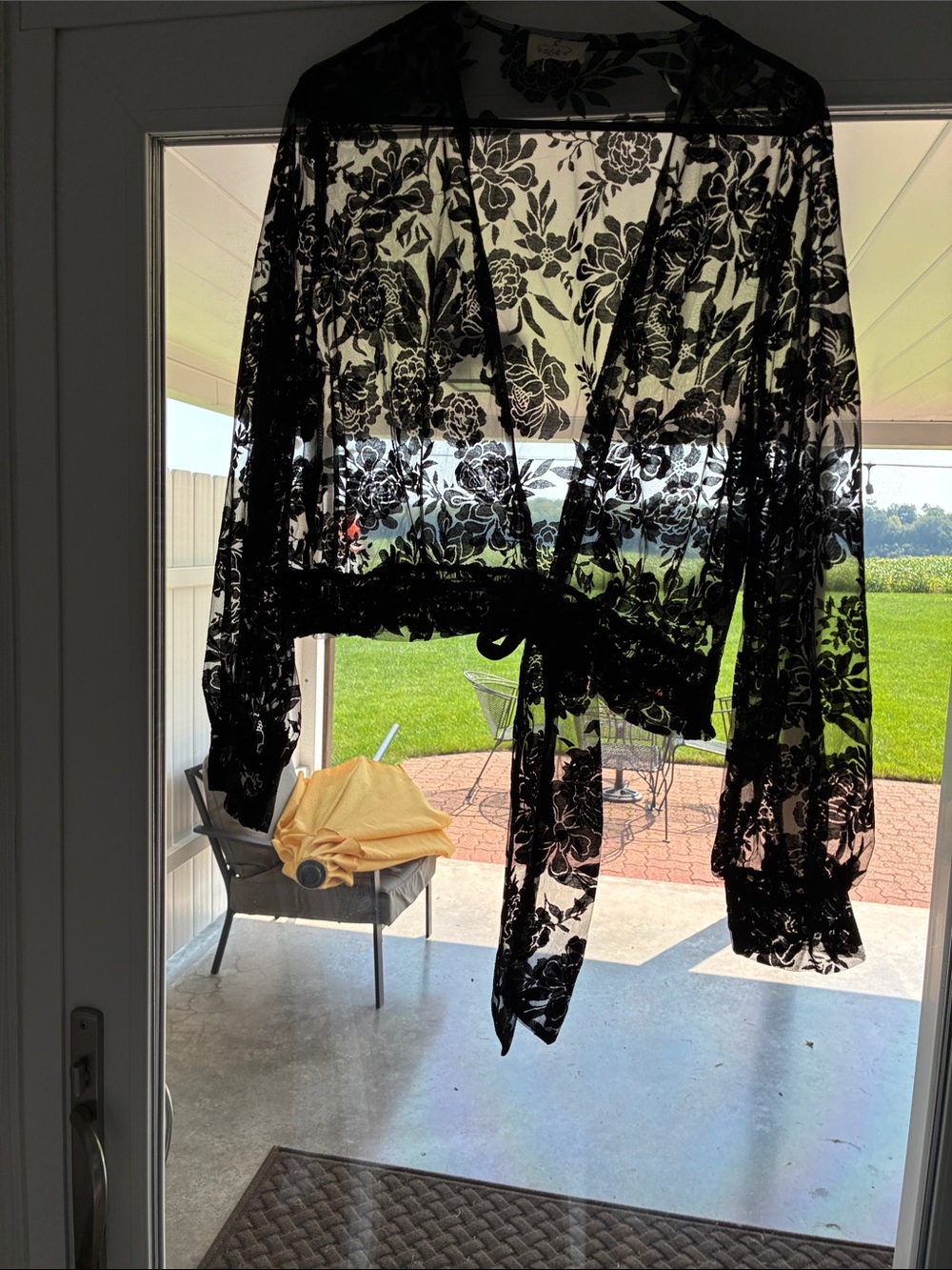 Women's Black Floral Sheer Lace Wrap Blazer